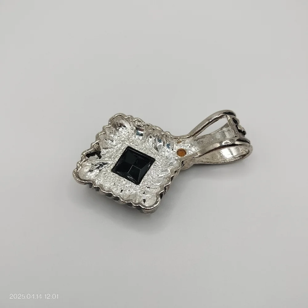 Women's Silver Tone and Black Square Pendant Accented Clear Rhinestone
